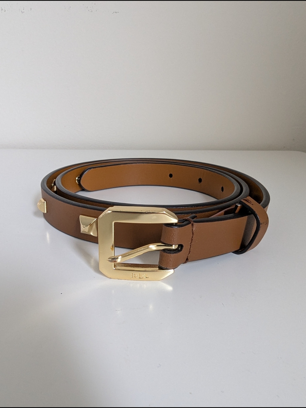 Lauren Ralph Lauren Camel Tan Studded Leather Belt with Gold Buckle